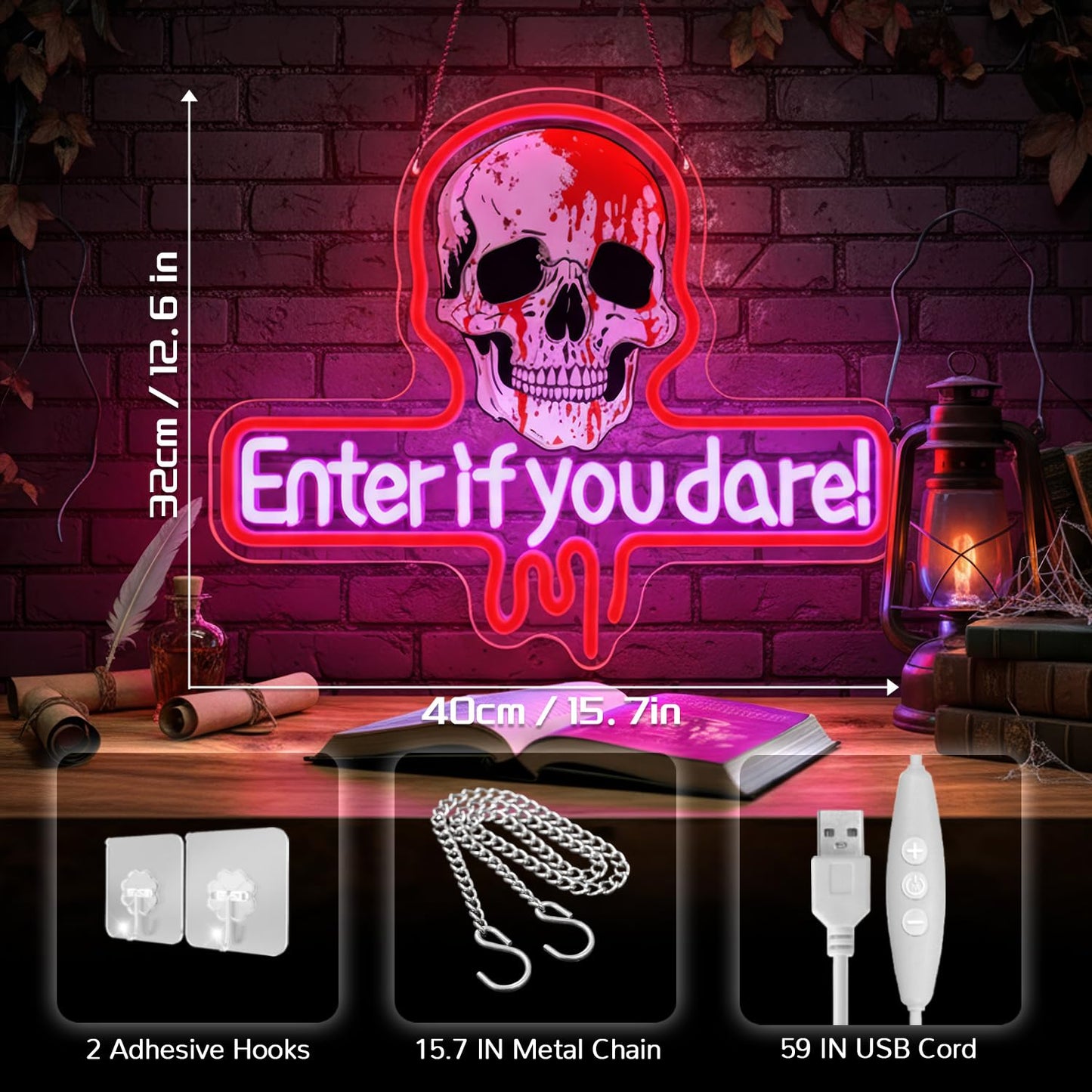 Sneignon Enter If You Dare Neon Sign for Halloween Haunted House Décor,Skull LED Neon Light Wall Sign with Adjustable Brightness,USB Powered Spooky Neon Wall Art for Party Room Bar Bedroom Decoration