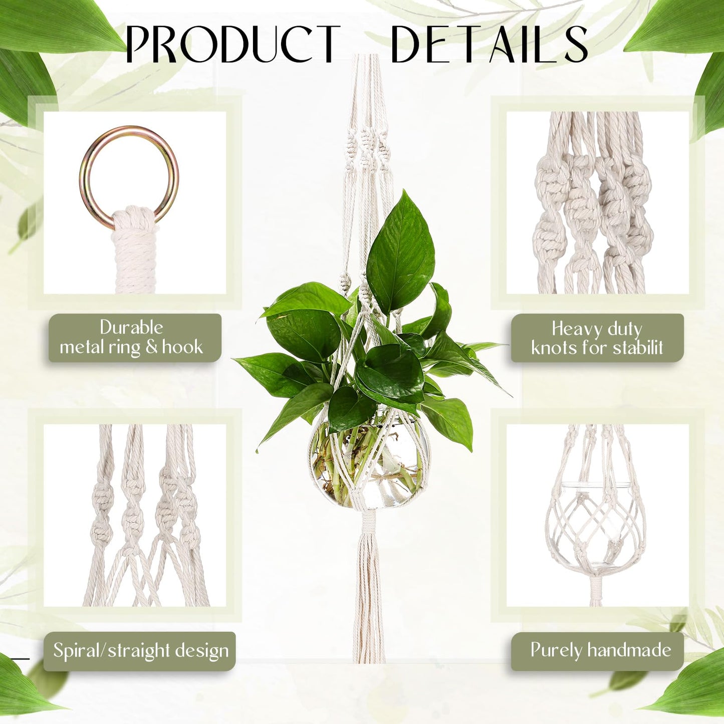 Colingmill 6 Pcs Boho Macrame Plant Hanger with Small Plastic Pot Hanging Plant Holder Wall Planter Propagation Station Include Hooks Kit for Indoor Home Garden Office Decor 3 Size (White)