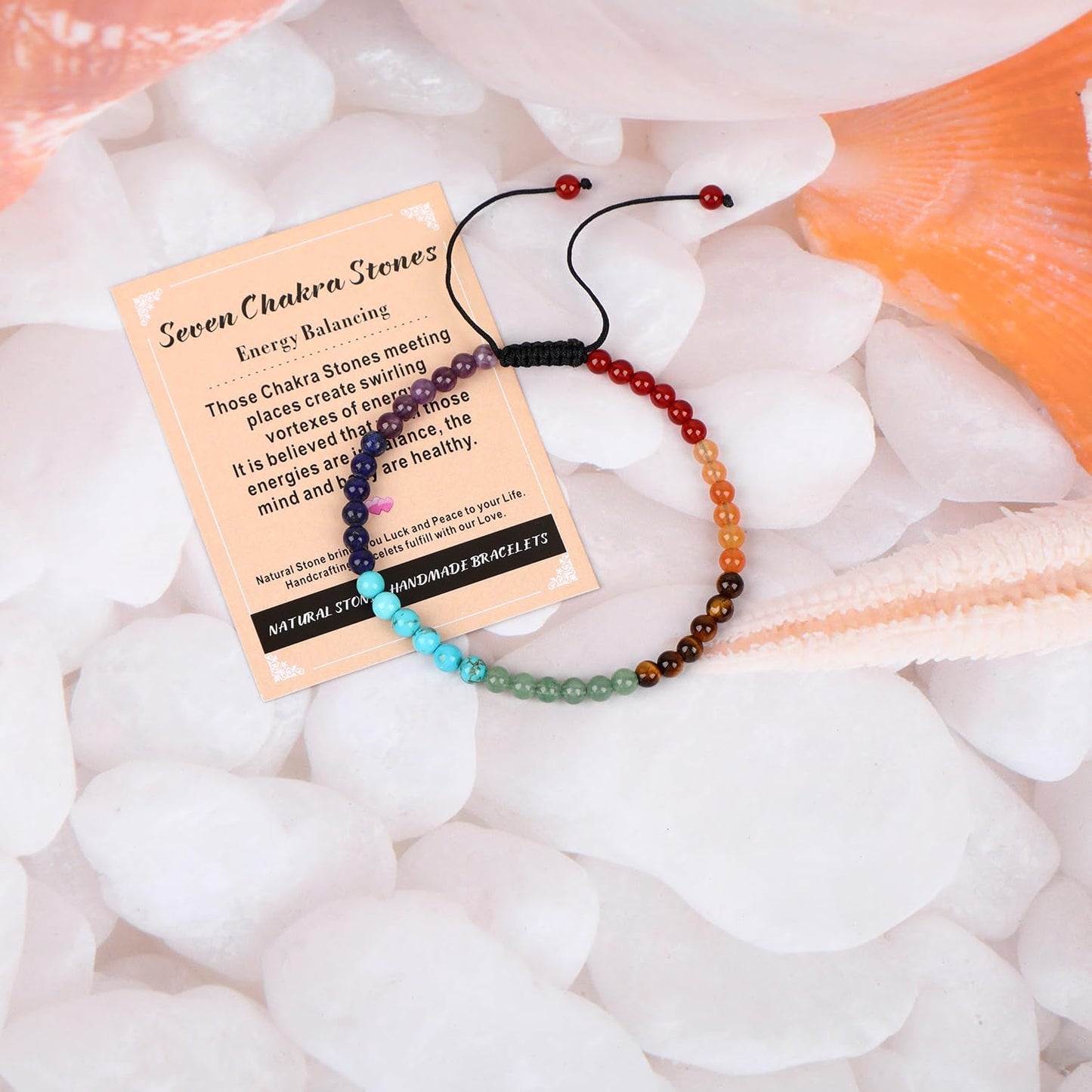 AD Beads 4mm Seven Chakra - Energy Balancing - Handmade Natural Stone Crystal Bracelet with Adjustable Macrame String - Yoga Healing Power Energy Gifts for Men and Women