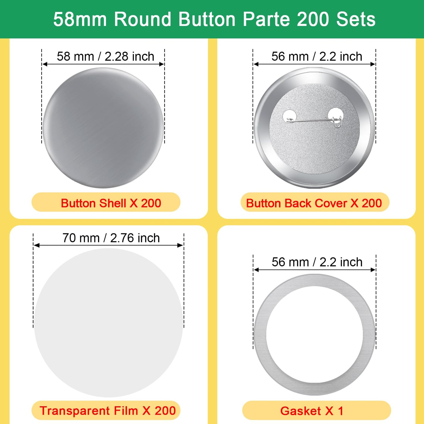 200 Sets 58mm/2.25" Button Maker Supplies, Complete DIY Supplies for Custom Buttons & Badges, Metal Covers, Metal Backs& Clear Film for Button Maker Machine, Pin Maker, Badge Button Press