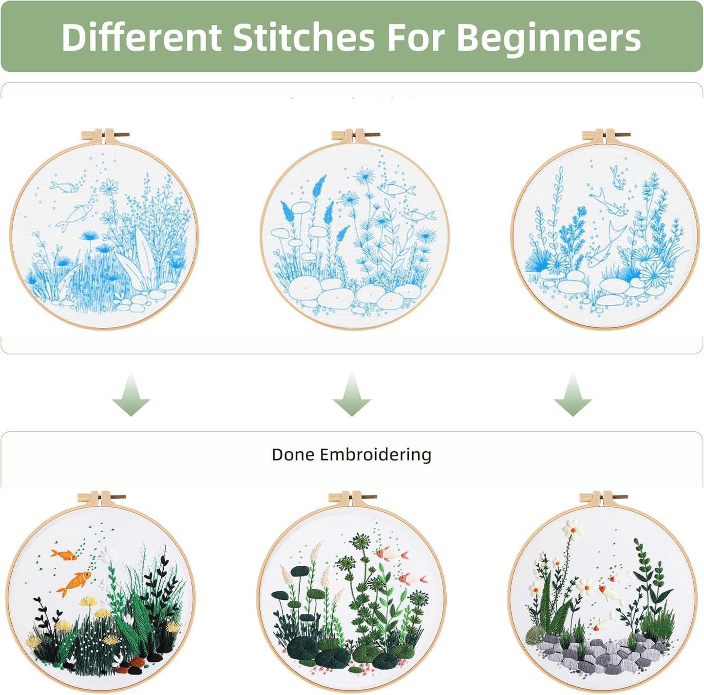 GLTAYLMY Fish Embroidery Kit for Beginners Adults,3 Set Cross Stitch Kits with 1 Plastic Embroidery Hoops,Needles and Color Threads,Needlepoint Kit for Hand Embroidery Starter