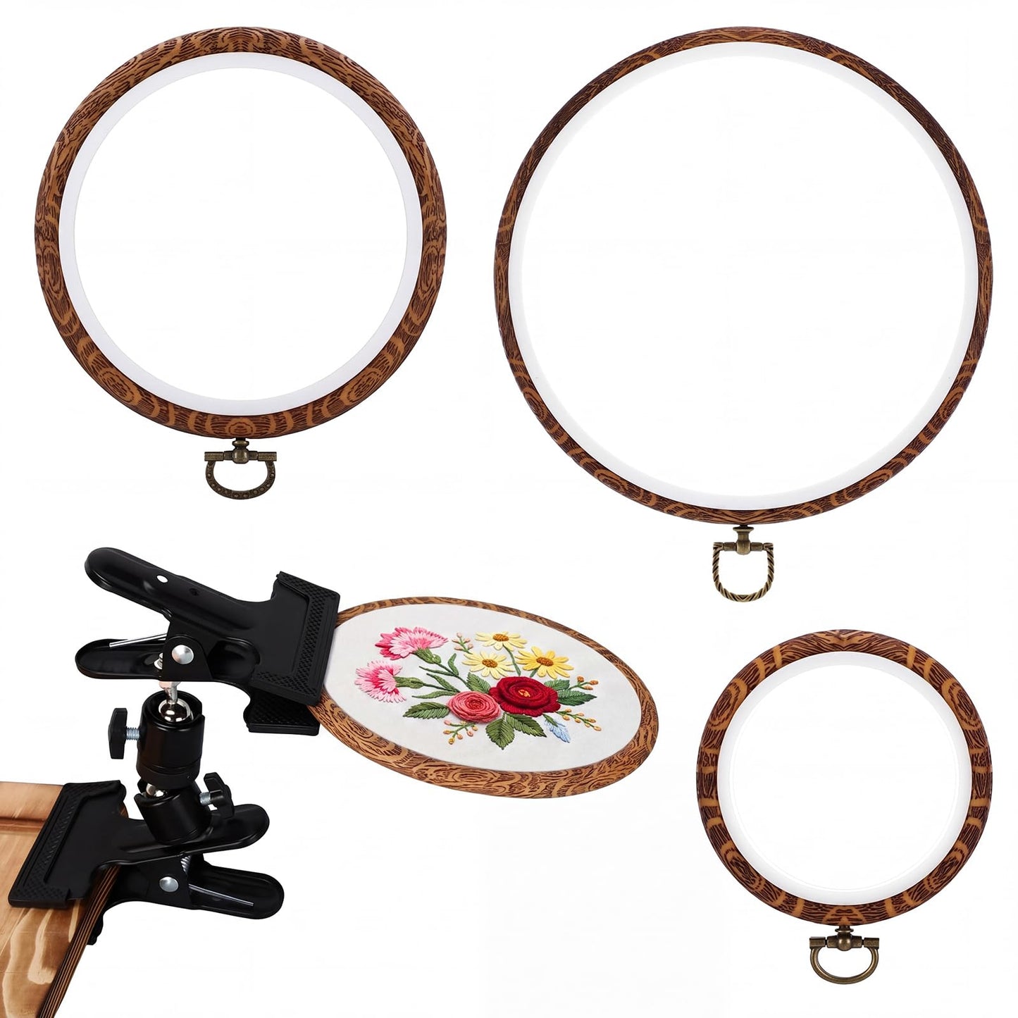 ElaraBerry 3 Beech Wood Embroidery Hoops with Adjustable Desk Clamp Embroidery Hoop Stand Rotated Hoops Stand for Cross Stitch Needlework DIY Craft Gift for Hobbyists(3"/5.5"/8.6",Round)