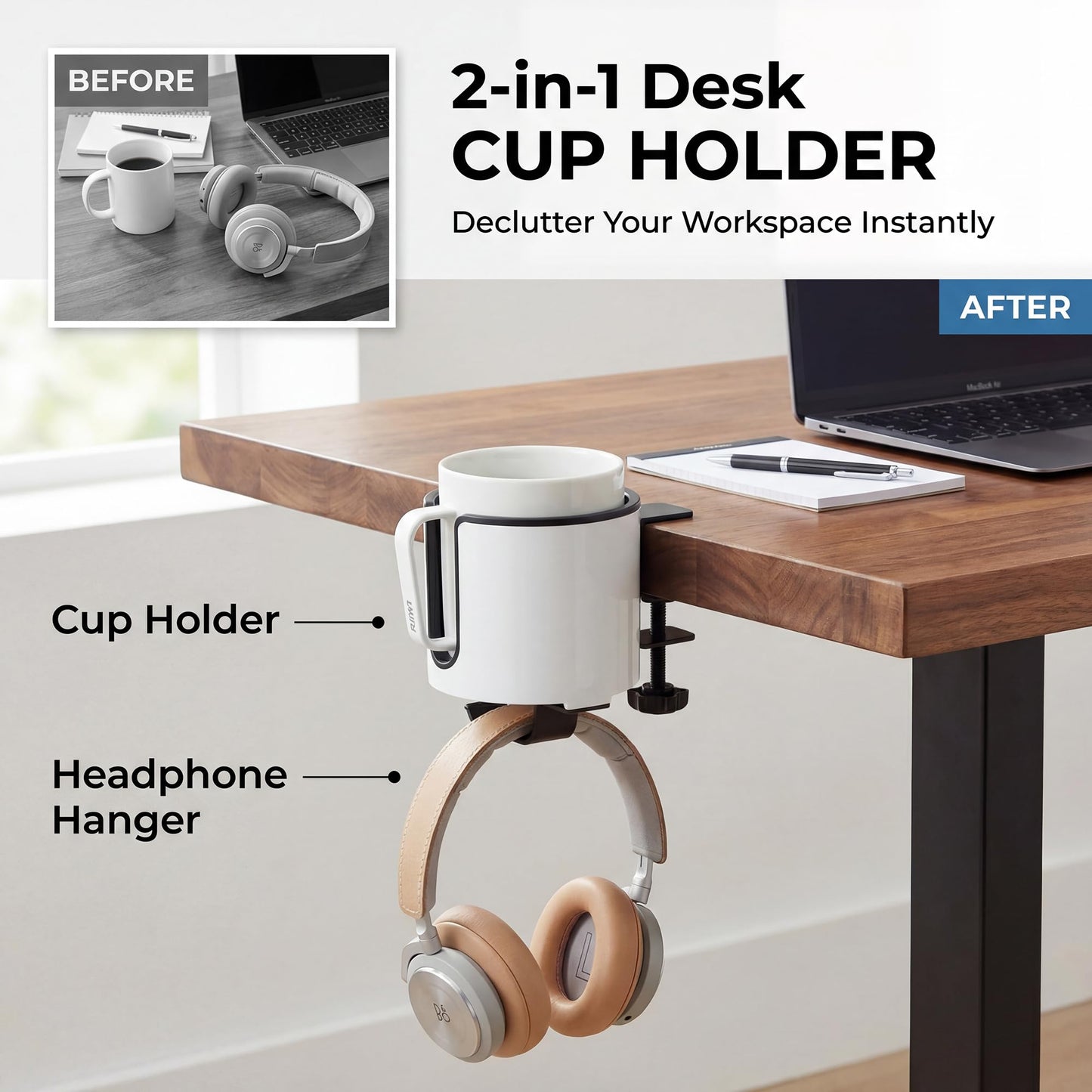 GUNKING Luxury 2-in-1 Anti-Spill Cup Holder with Under Desk Headphone Hanger (White)
