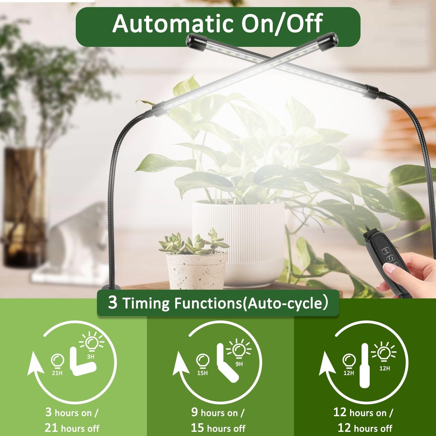 Bufccy Grow Lights for Indoor Plants, 6000K Full Spectrum Grow Light for Succulents, Vegetables Small Plants, Auto On Off Timing, 9 Dimming, 360 Degree Adjustable Plant Lights, 2 Pack