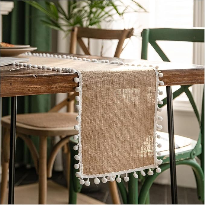Natural Jute Table Runner, Burlap Style Table Runner, Rustic Farmhouse Table Runner Country Vintage for Wedding, Party Table Decorations, Boho Décor Jute White Balls 12x63 inch TAB28