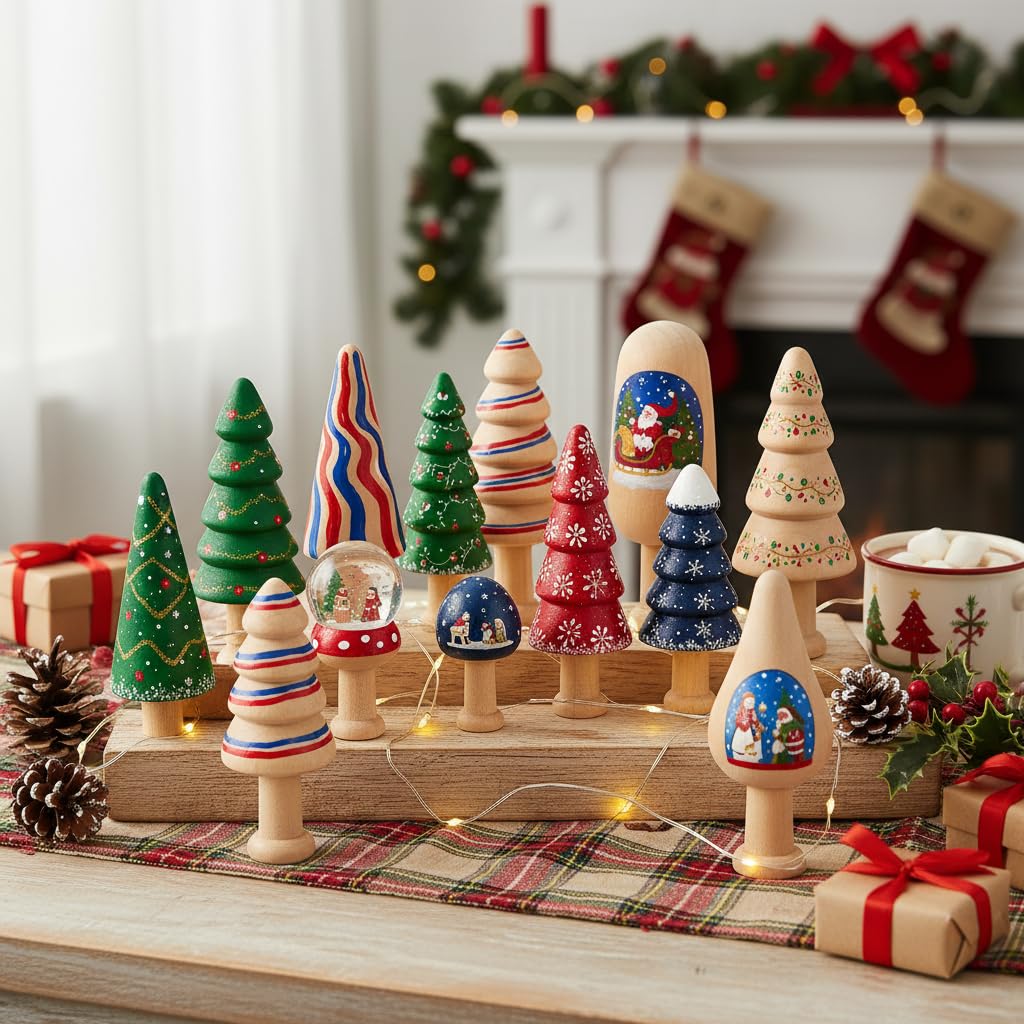 10Pcs Unfinished Wooden Trees Blank Wooden Peg Dolls DIY Natural Wood Xmas Tree Graffiti for Arts and Crafts Unfinished Mini Trees