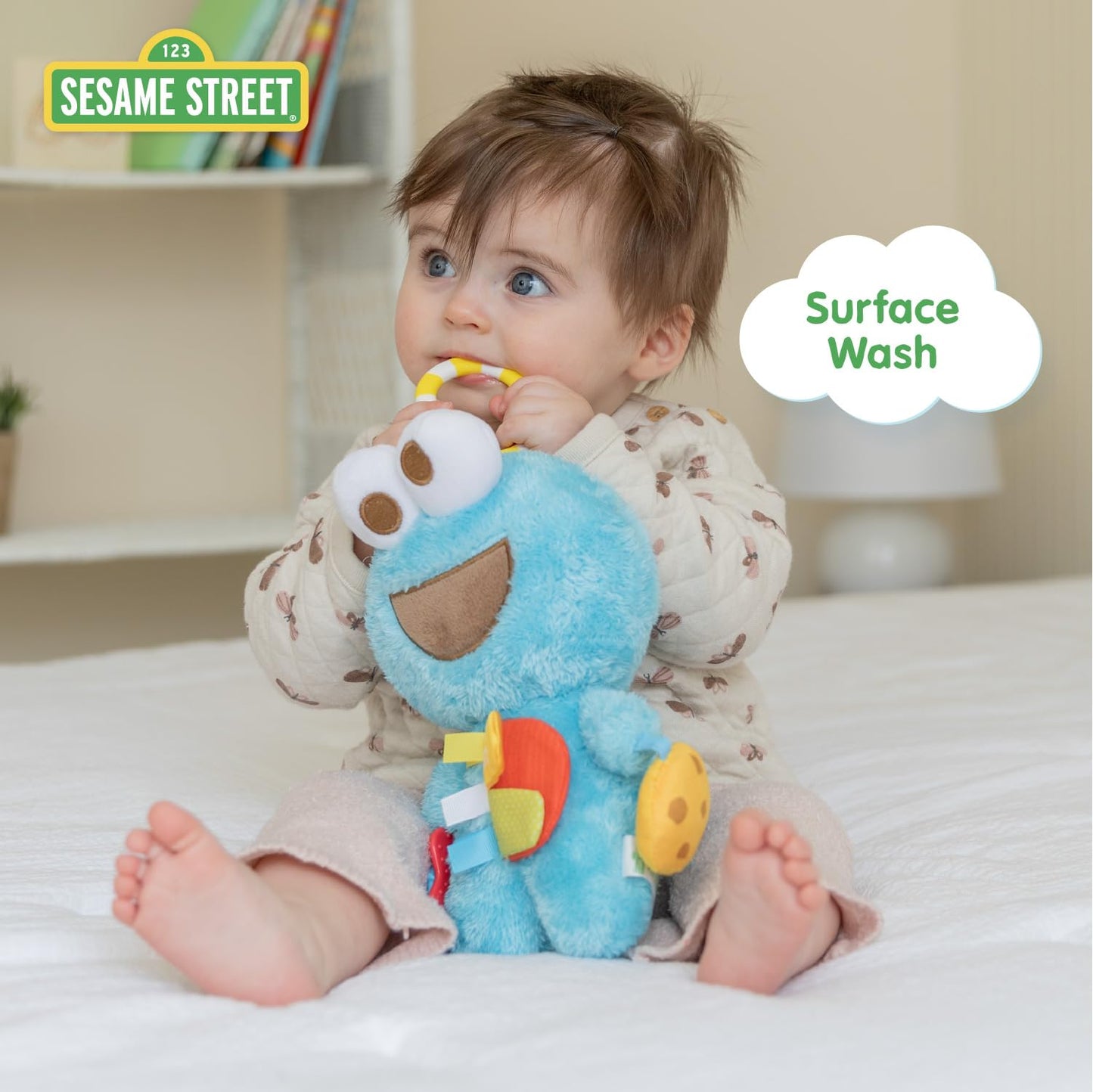 Kids Preferred Sesame Street Cookie Monster Activity Toy with Teething Rings, Crinkle Sounds, and On The Go Clip for Babies and Infants