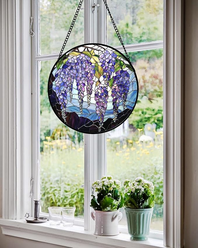 Stained Glass Window Hanging, Wisteria Flower Sun Catcher for Door Home Decor Purple and Blue Suncatcher Christmas Mother's Day Birthday Gifts for Women Men Mom and Nana 7.8 in