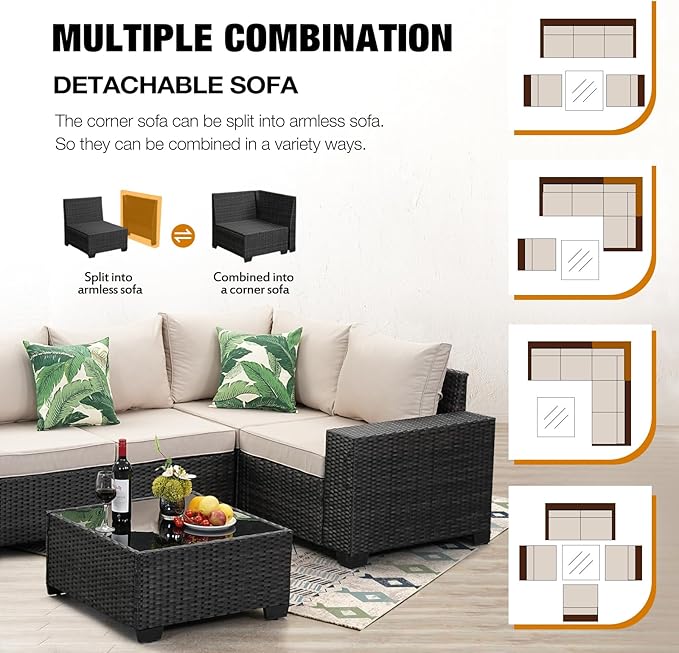 6 Pieces Patio Furniture Set All-Weather Outdoor Wicker Sectional Conversation Sofa Rattan Patio Seating Sofa with Cushion and Glass Table for Porch Poolside,Beige