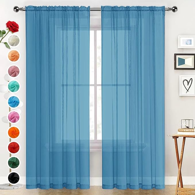 SpaceDresser Basic Rod Pocket Sheer Voile Window Curtain Panels Blue 1 Pair 2 Panels 52 Width 84 Inch Long for Kitchen Bedroom Children Living Room Yard（Blue, 52W x 84L）