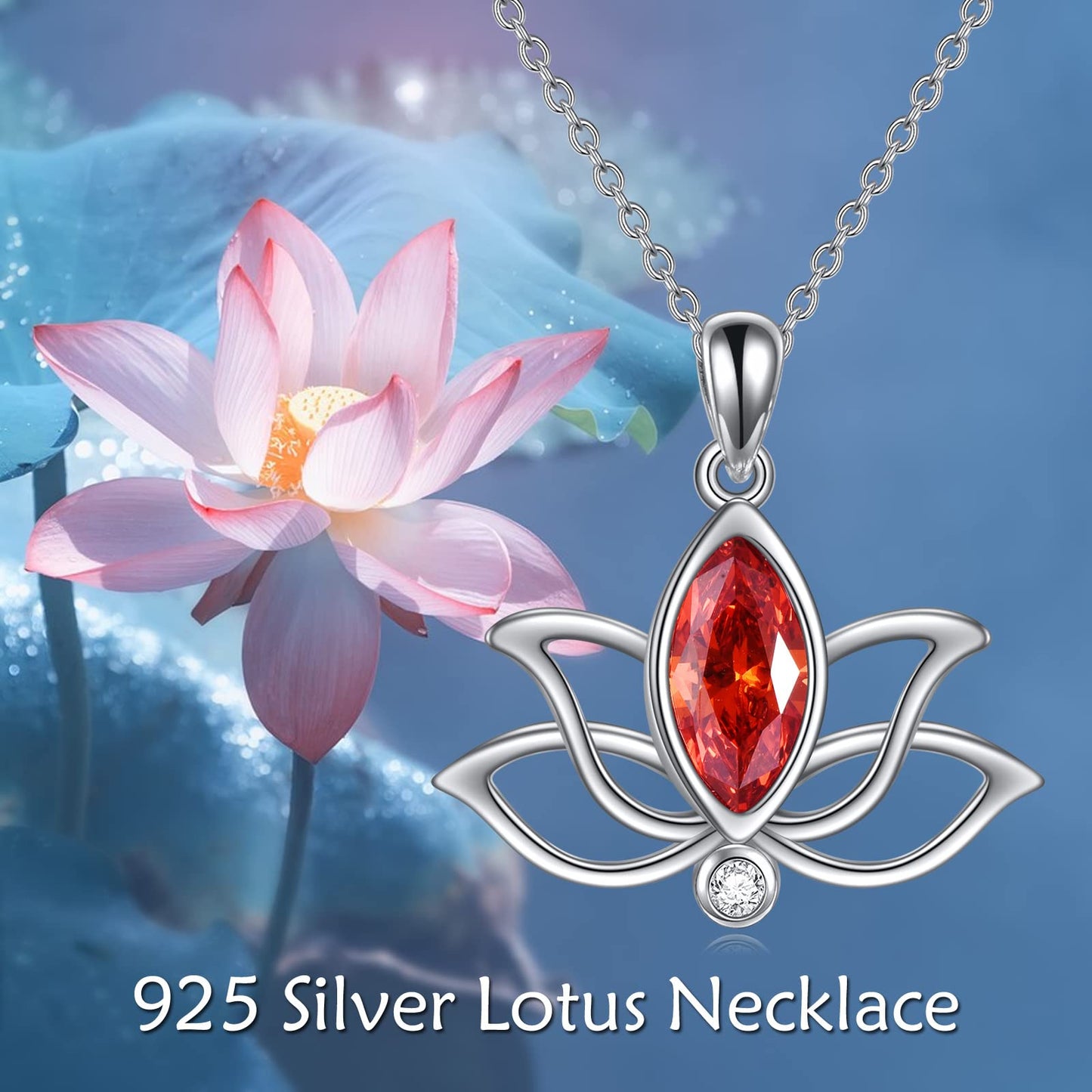 YFN Lotus Necklace Sterling Silver July Birthstone Pendant Created Ruby Jewelry Gifts for Women (Jul)