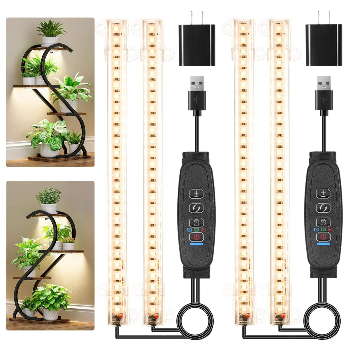 8.6'' Mini Two Strip Growing Lamp for Indoor Plants, 3000K Full Spectrum LED Grow Light Strips with Auto ON/Off 3/9/12H Timer & 10 Dimmable Levels for Green House Succulent (2 Head×2 Pack)