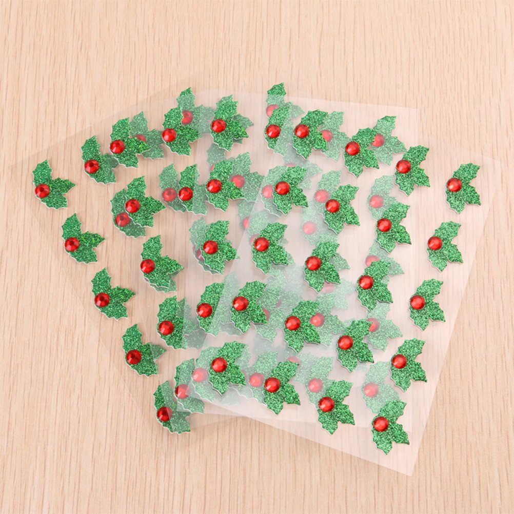 Amosfun 10 Sheets/Pack Green and Red Christmas Holiday Holly Leaves Stickers DIY Christmas Decorative Stickers