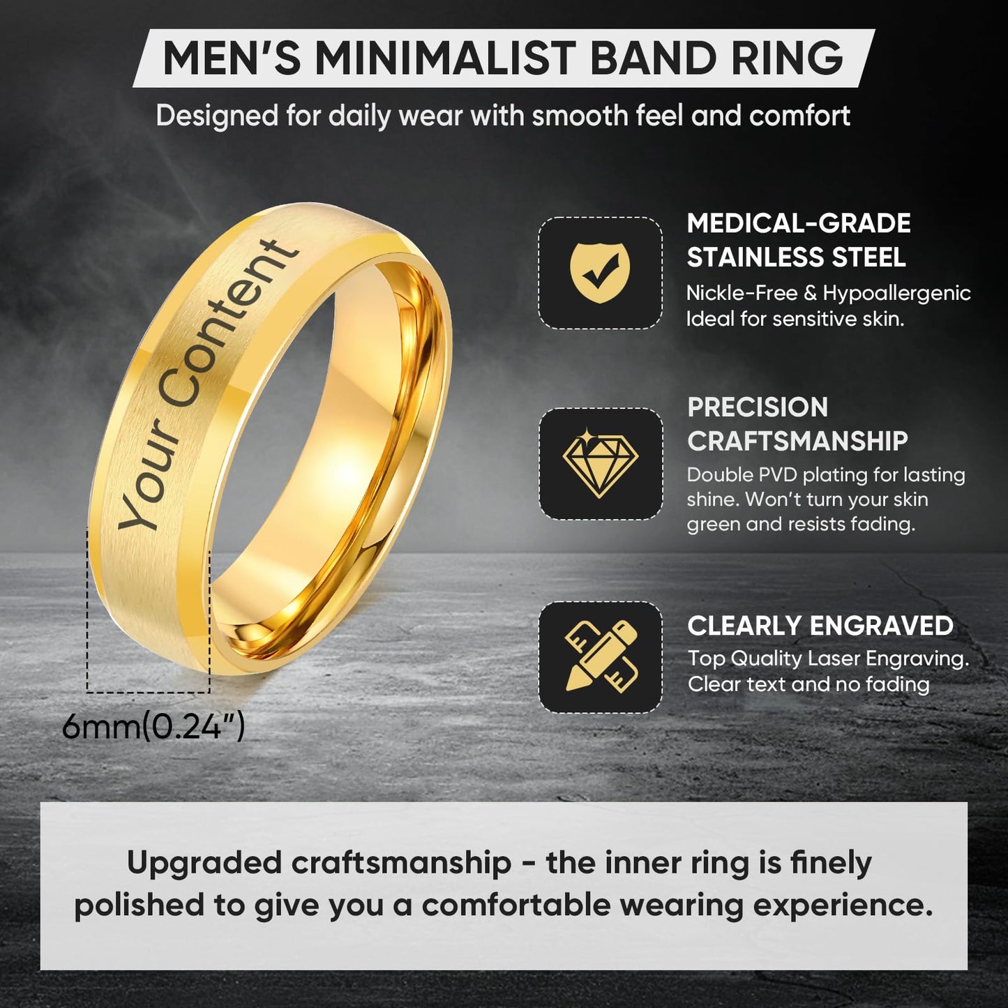 VNOX Customize Gold Plated Stainless Steel Beveled Edge Matte Brushed Finish Rings for Wedding Band,Size 7