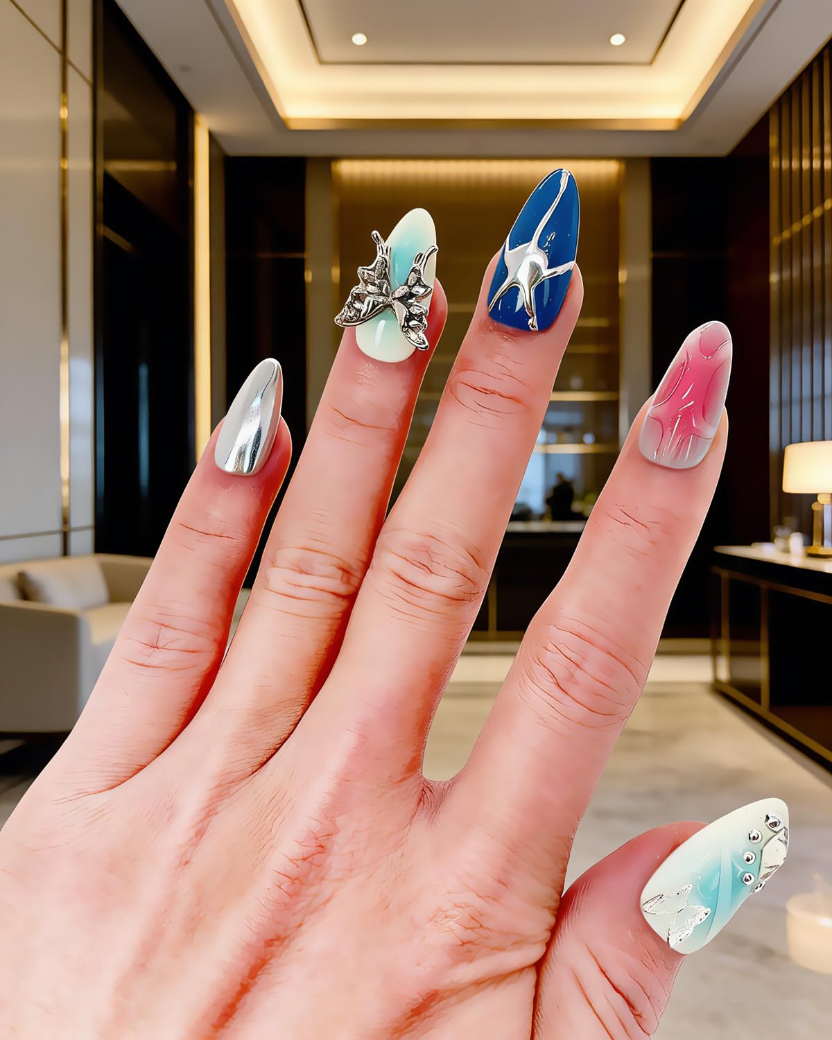 CAMILCY Luxury Handmade Press On Nails Almond Short Blue Silver 3D Butterfly Rhinestone Glossy Fake Nails Reusable Salon Quality Acrylic Nails for Wome 10pcs (A140, S)