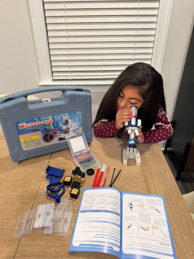 58-Piece Kids Microscope Kit - 100X-1200X Magnification, Metal Body, LED Light, Carrying Box - Science Experiment Toy for Kids Ages 5-12