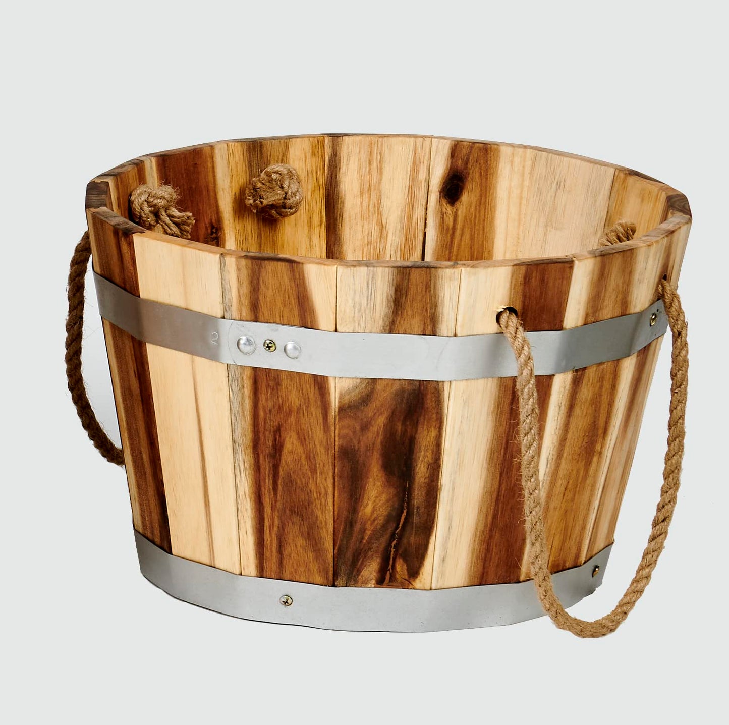 Worth Imports 10" Natural Acacia Wood Barrel Rope Handles Planter, Brown
