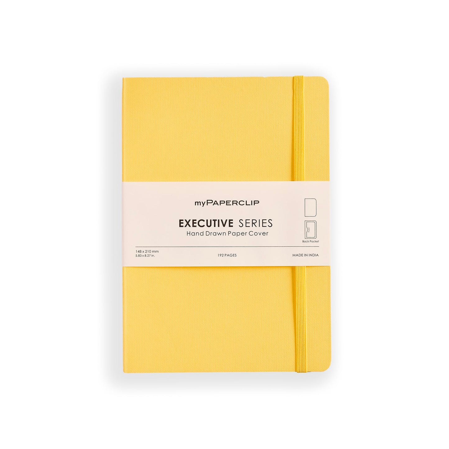 myPAPERCLIP Executive Series A5 Plain Notebook | 192 Pages, 80 GSM, Soft Cover, A5 (5.83 x 8.27 in) | Flat Lay | Bookmark, Elastic Closure & Back Pocket | Yellow