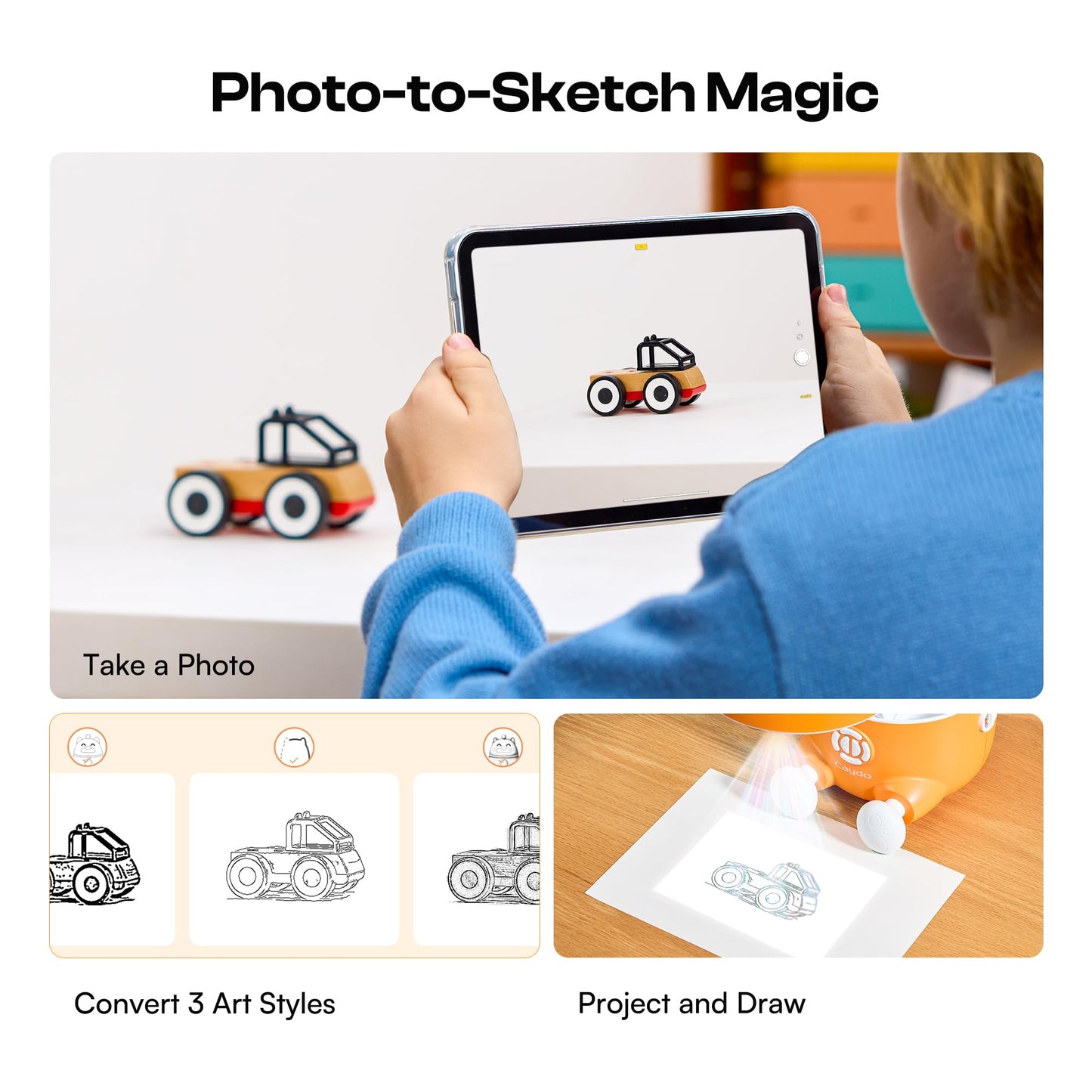 Caydo 3-in-1 AI Drawing Projector for Kids, SGS Certified Eye Protection, T3 Kids Art Projector from Basics Tracing to Step-by-Step Drawing and AI Creative Studio, Birthday Gift for Kids Ages 5-12