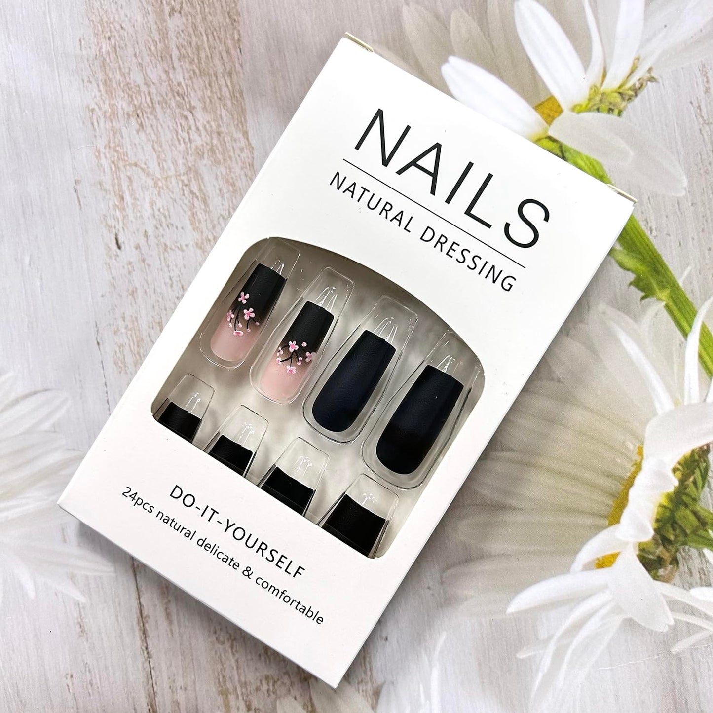 CJDLTS 24Pcs Flower Press on Nails Medium Black French False Nails Pink Floral Pattern Design Coffin Nails Full Cover Acrylic Nails Ballet Shaped Stick on Nails Artificial Glue on Nails for Women
