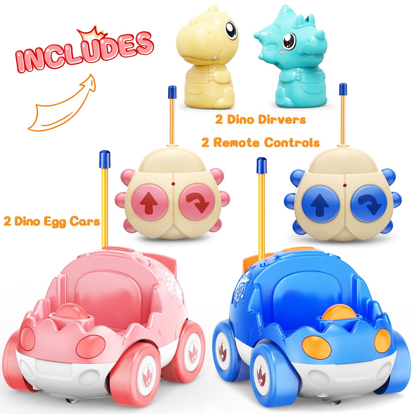 Kidz do 2 Pack Pink Dinosaur Remote Control Car Toys, Easter Present Birthday Gifts for Boys Girls 2 3 4 Years Old, Dino RC Car with Music and Light, Toddlers Toys for Kids 2-4 Year Old,(Pink Blue)