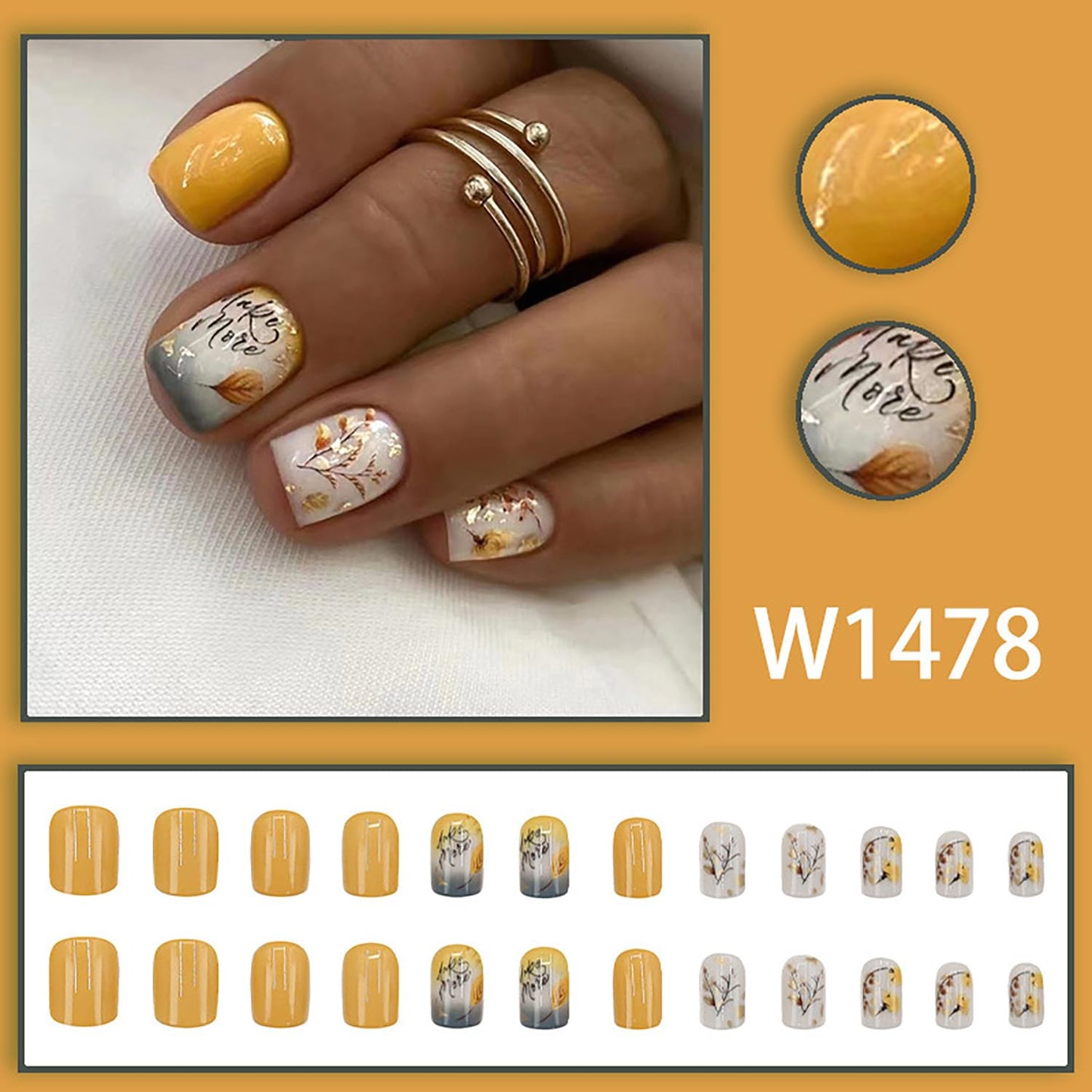 Thanksgiving Press On Short Acrylic Glossy Full Cover Nails with Maple Leaf Designs Artificial Autumn Leaves Glue on False Nails for Women Girls (W1478)