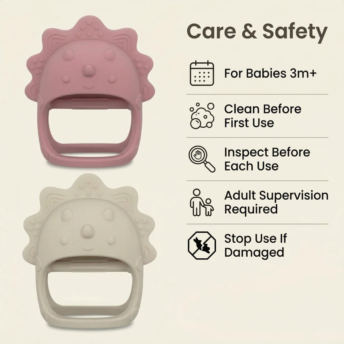 TINBLII Baby Teething Toys 2 Pack, Dinosaur Mitten Teether and Ring Sun Teether with 6 Chewing Points, Silicone Chew Toys for Infants 0-6 6-12 Months, BPA Free Soothing Gum Relief Set (Two Colors)