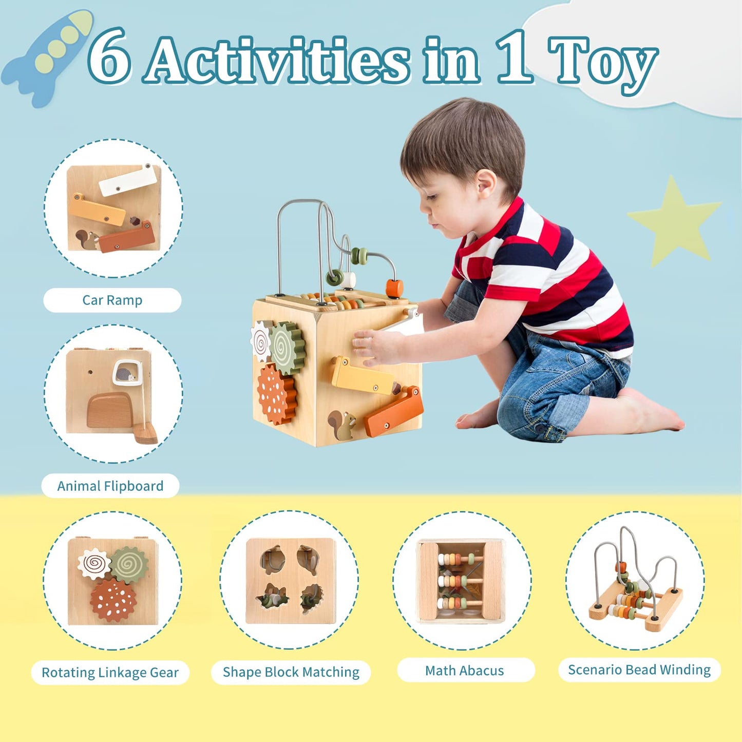 Smartwo Wooden Montessori Toys Set & Activity Busy Cube for Toddlers 1-3