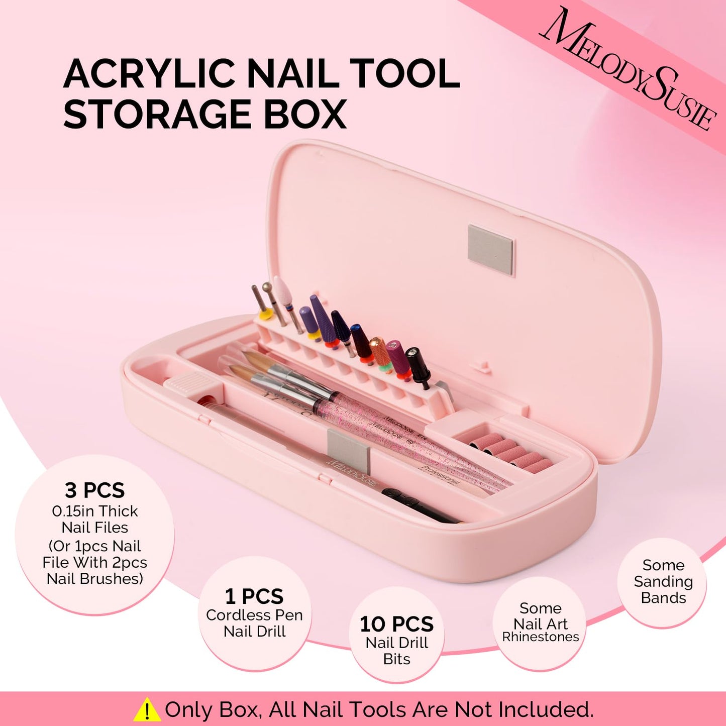 MelodySusie Acrylic Nail Tool Storage Box, Portable Dustproof Stand Displayer Holder Organizer Container Manicure Efile Accessories Nail Drill Kit Case, Travel Salon Home, Pink(Only Box)