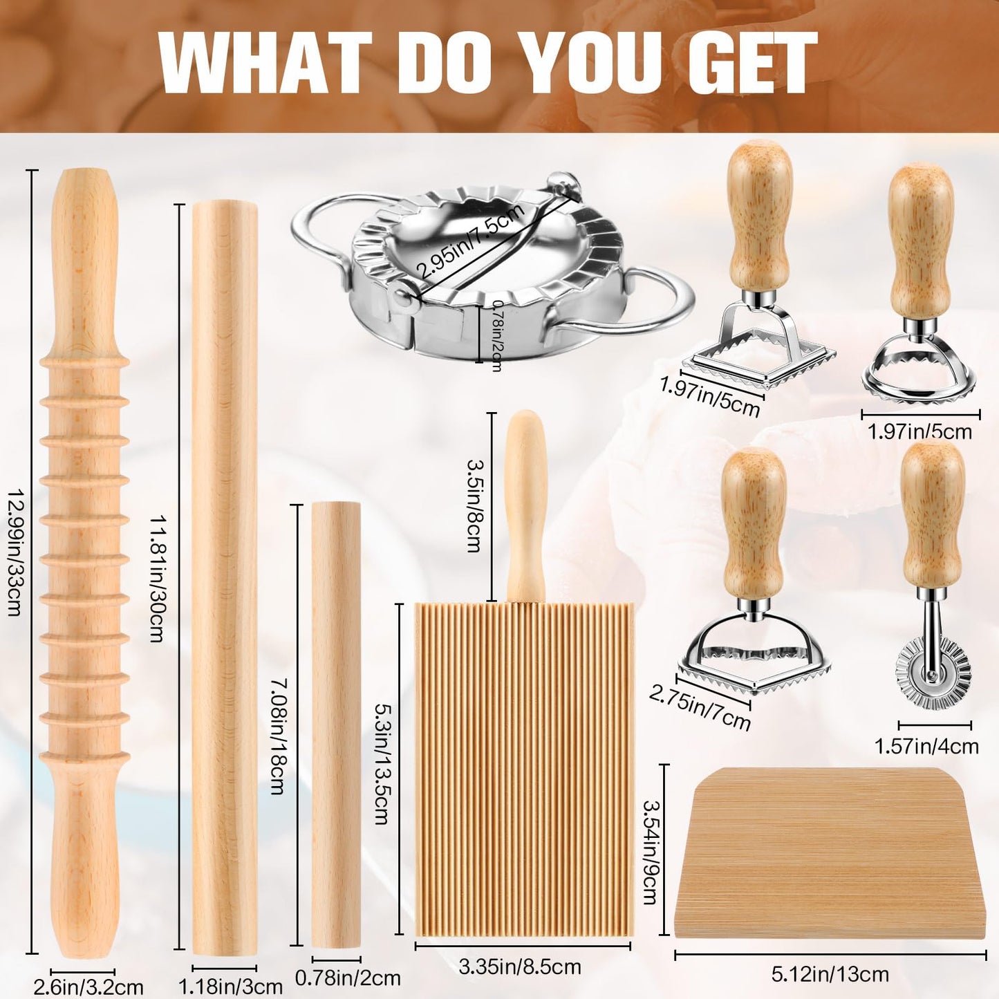 12 Piece Ravioli Mold Set with Press, Scraper, Cutter, Pierogi Maker, Rolling Pin, Gnocchi Board, Wooden Roller, and 4 Ravioli Stamp Maker Cutters for Making Pasta, Dumplings, and Pierogi