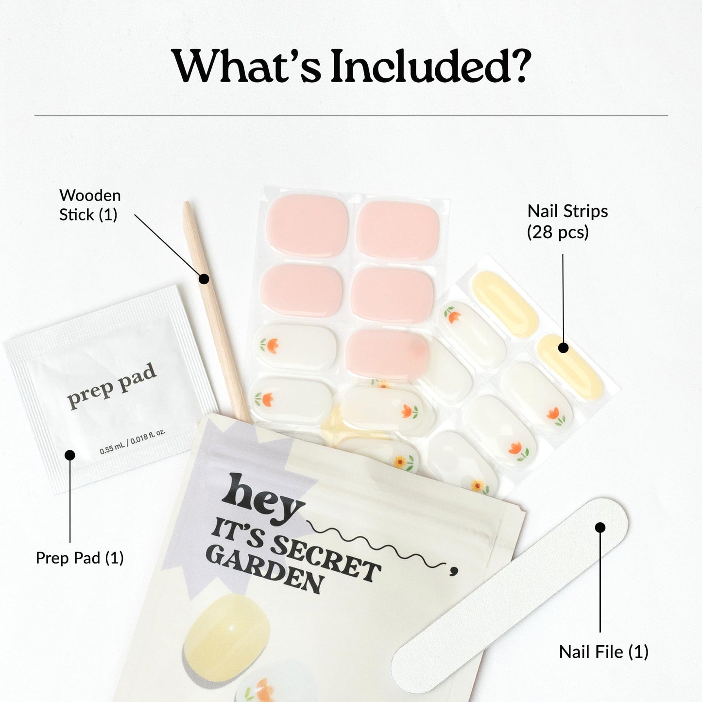 Heyhae Semi Cured Gel Nail Strips | No LED Lamp Needed |Yellow, Floral | Easy Apply & Remove, Salon Quality | Includes 28 Strips, 2 Prep Pads, Nail File & Wooden Stick - Hey, It’s Secret Garden