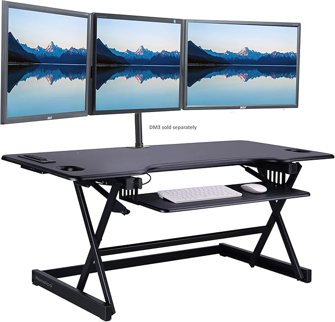 Rocelco 46" Height Adjustable Standing Desk Converter with AC USB Charger and Anti Fatigue Floor Mat - Sit Stand Up Triple Screen Riser Workstation - Keyboard Tray - Black (R DADRB-46-ACUSB-MAFM)