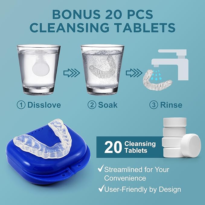 Mouth Guard for Grinding Teeth at Night: Night Guards for Teeth Clenching Custom Fit for Nighttime Protection - 4 Pack 20 Cleansing Tablets