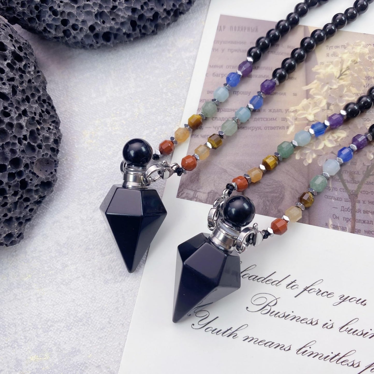 EDEN'S CALL Black Obsidian Crystal Point Perfume Bottle Pendant Necklace, 7 Chakra Crystal Bead Aromatherapy Diffuser Pendant Jewelry Gifts for Women