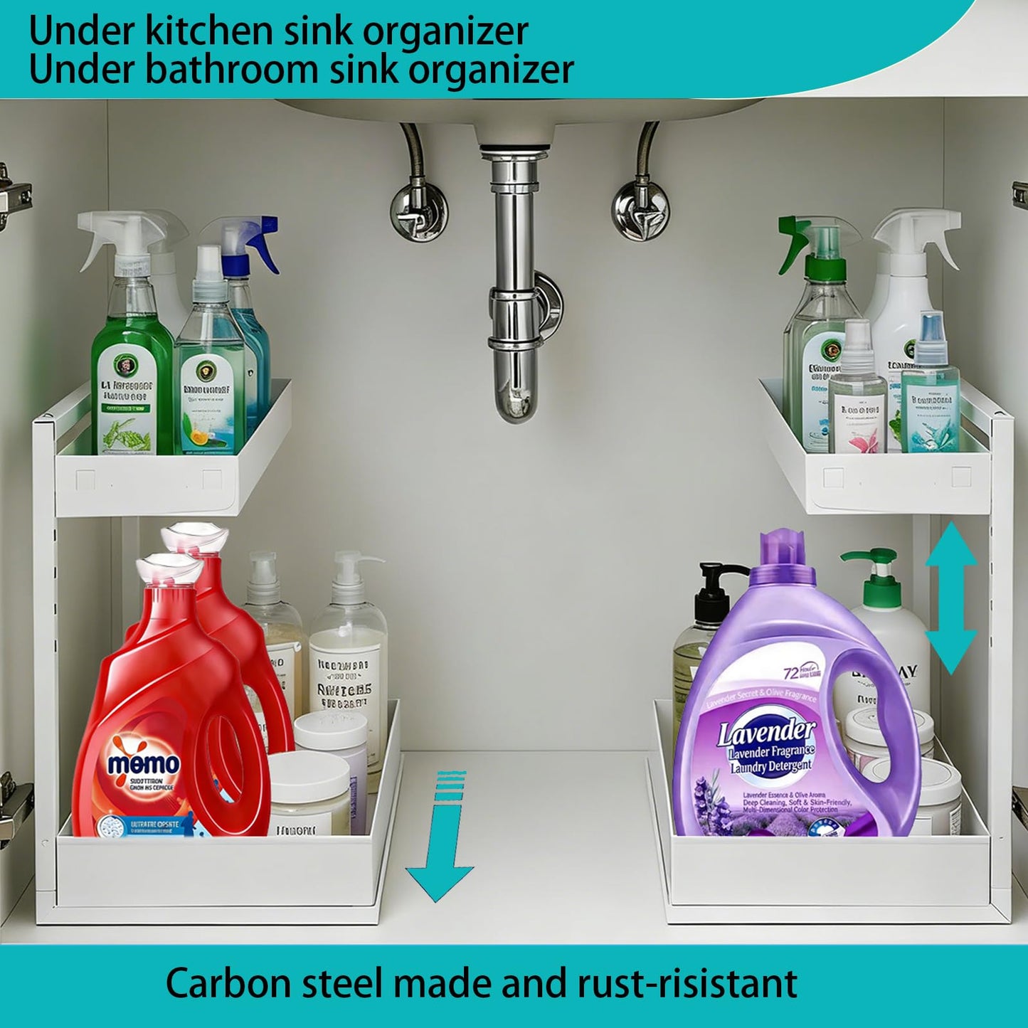 Under Sink Organizer, Bathroom Counter Organizer, 2 Packs 2-Tier Metal, Under Cabinet Storage, Makeup Storage, Adjustable Height & Slide-Out Drawer for Kitchen Bathroom, White