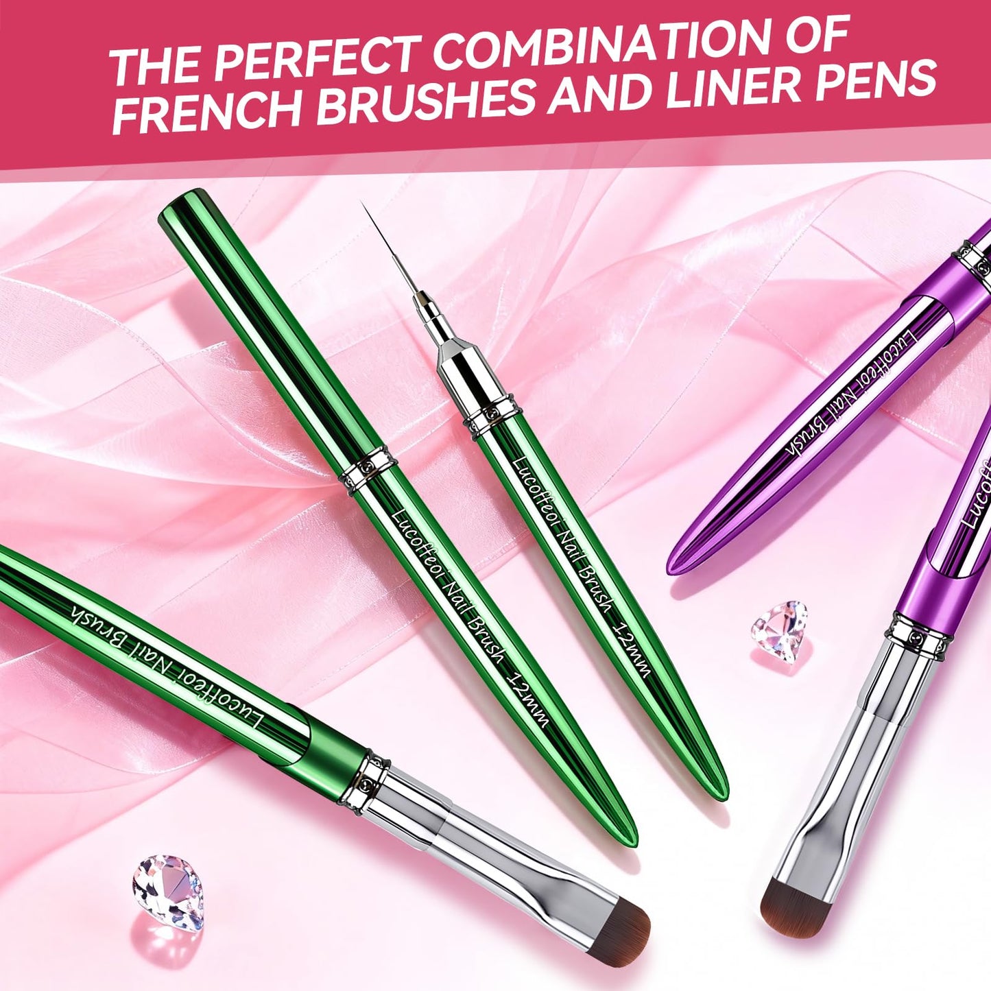 Nail Art Brushes Set 2-Piece: French Tip Brush and 12mm Liner Brush for Gel Clean Up, Smile Lines & Nail Design (Green)