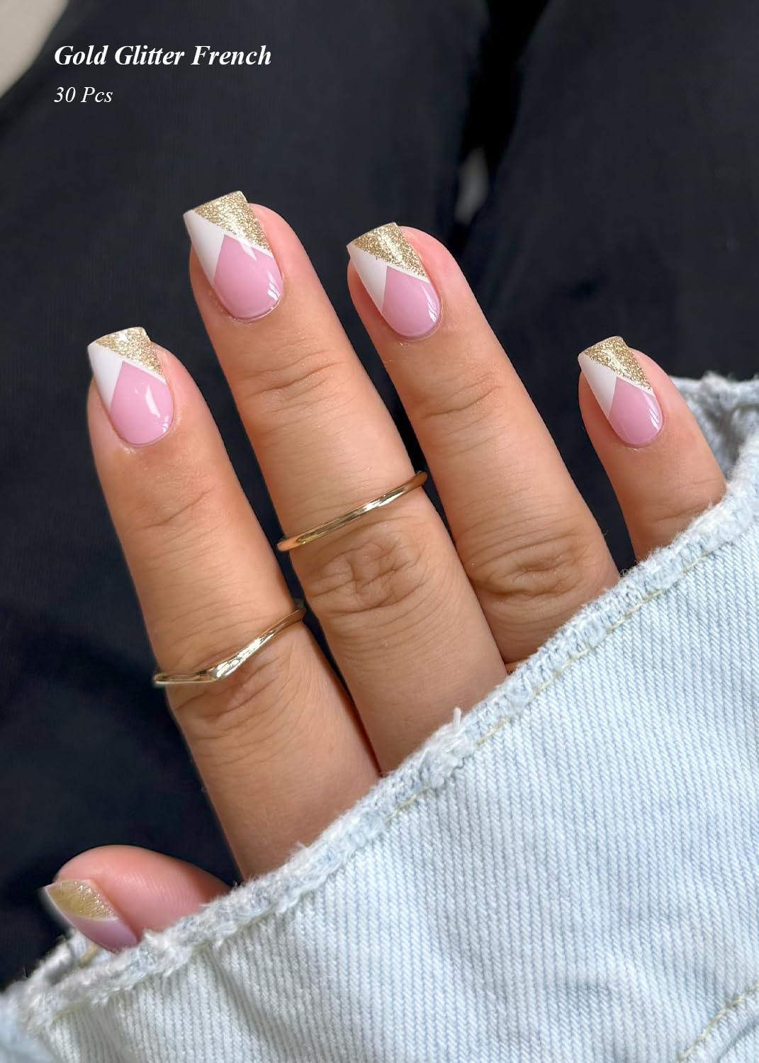AutyaMee Semi Cured Gel Nail Strips (Gold Glitter French), White, 30 Pcs Gel Nail Wraps, Stickers, UV Light Required