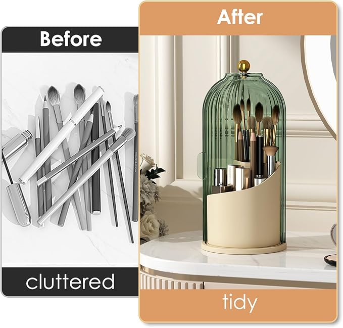 Makeup Brush Holder with Lid 360 Rotating Clear Dustproof Make Up Organizers for Vanity Bathroom Countertop, Green Beige