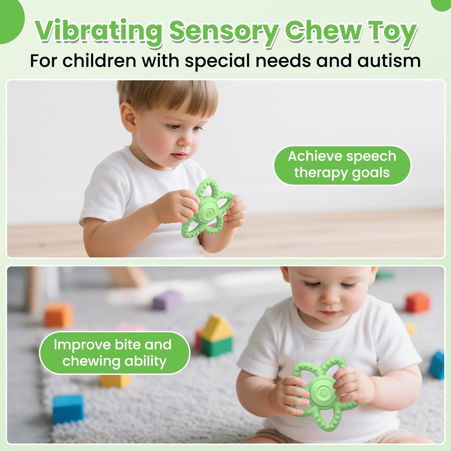 Vibrating Teether for Baby - Dual Use Vibrating Soother for 3-6 Months/6-18 Months & Sensory Toys for Kids with Autisms, Baby Teething Toys with 3 Vibration Modes (Green)