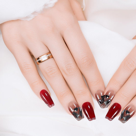 XODITO Fake Nails Set Red Medium Square Bling Glossy Rhinestone False Nail Tips, Press On Nails, Artificial Art Nails Finger Manicure for Women and Girls(CDJ0002-M)