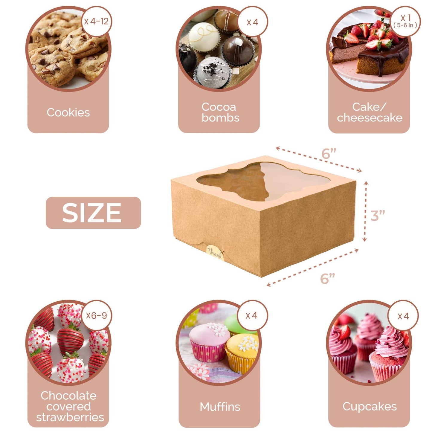 20 Pack Cookie Boxes for Gift Giving – 6X6X3 Inches Bakery Boxes with Window - Extra Thick Small Cookie Containers for Treats, Desserts, Strawberries, Cupcakes, Candy, Charcuterie, Baked Goods, Pastry