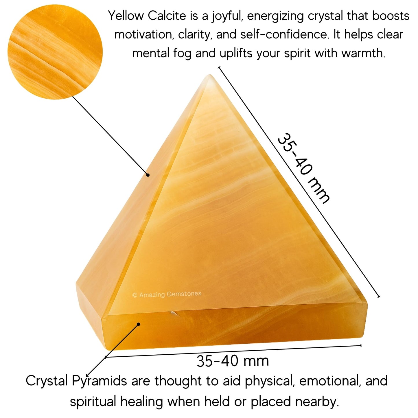 Yellow Calcite Pyramid Crystal Healing Stones - 1.5" Great Pyramid Figurine of Natural Stone Pyramid for Meditation, Reiki, Chakra Balancing and Crystal Pyramids Grid
