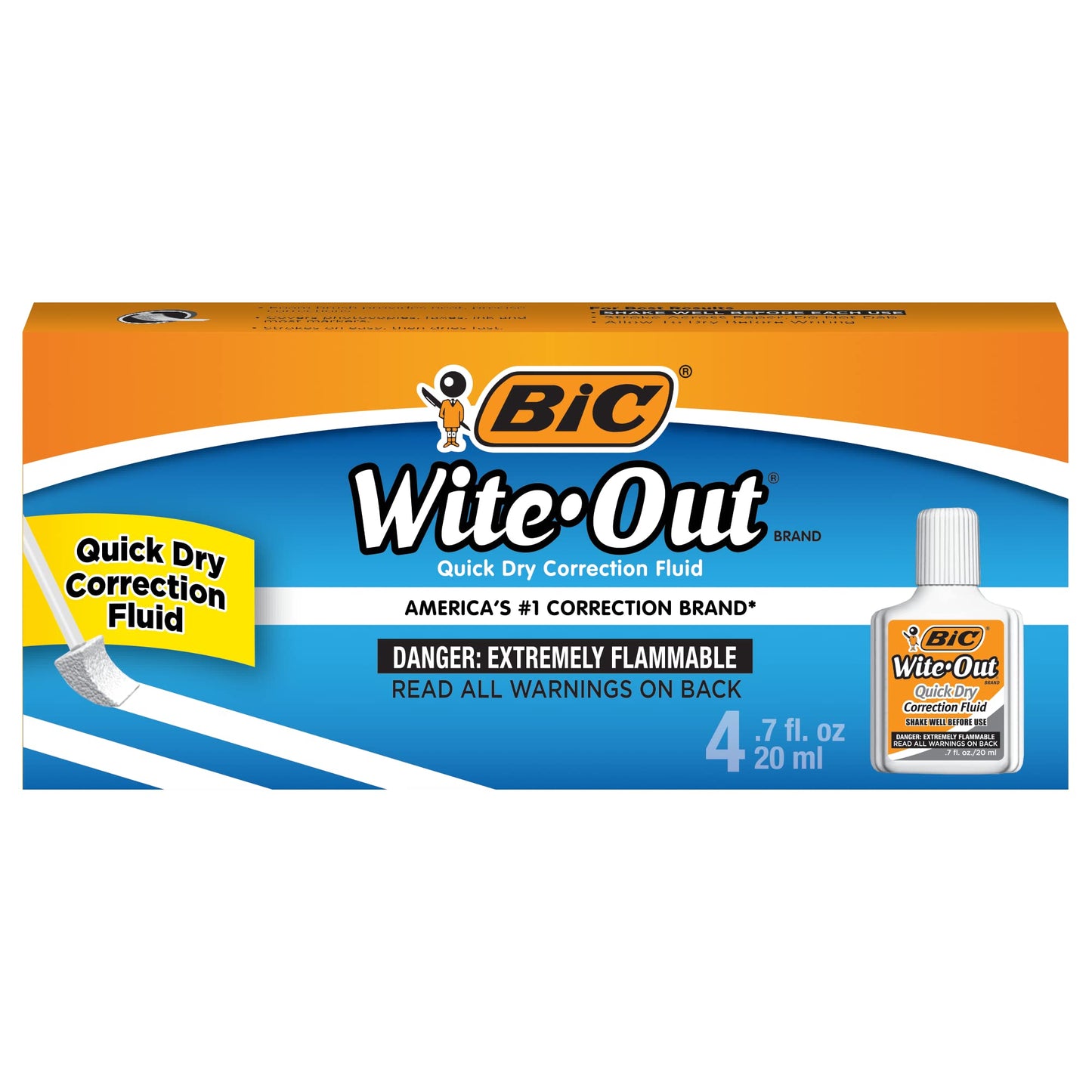 BIC Wite-Out Brand Quick Dry Correction Fluid, 20 mL, White, Goes On Easy With A Reduced Dry Time, 4-Count