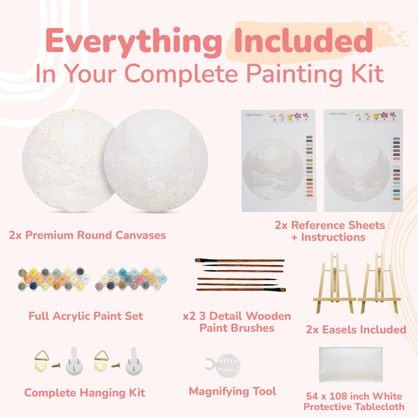 KularStock Paint by Number Kit for Adults – 2 Pack Framed Canvas (10 Inch Round), Easy Paint by Numbers for Beginners, DIY Painting Kit with Easel, Brushes & Acrylic Paint Set
