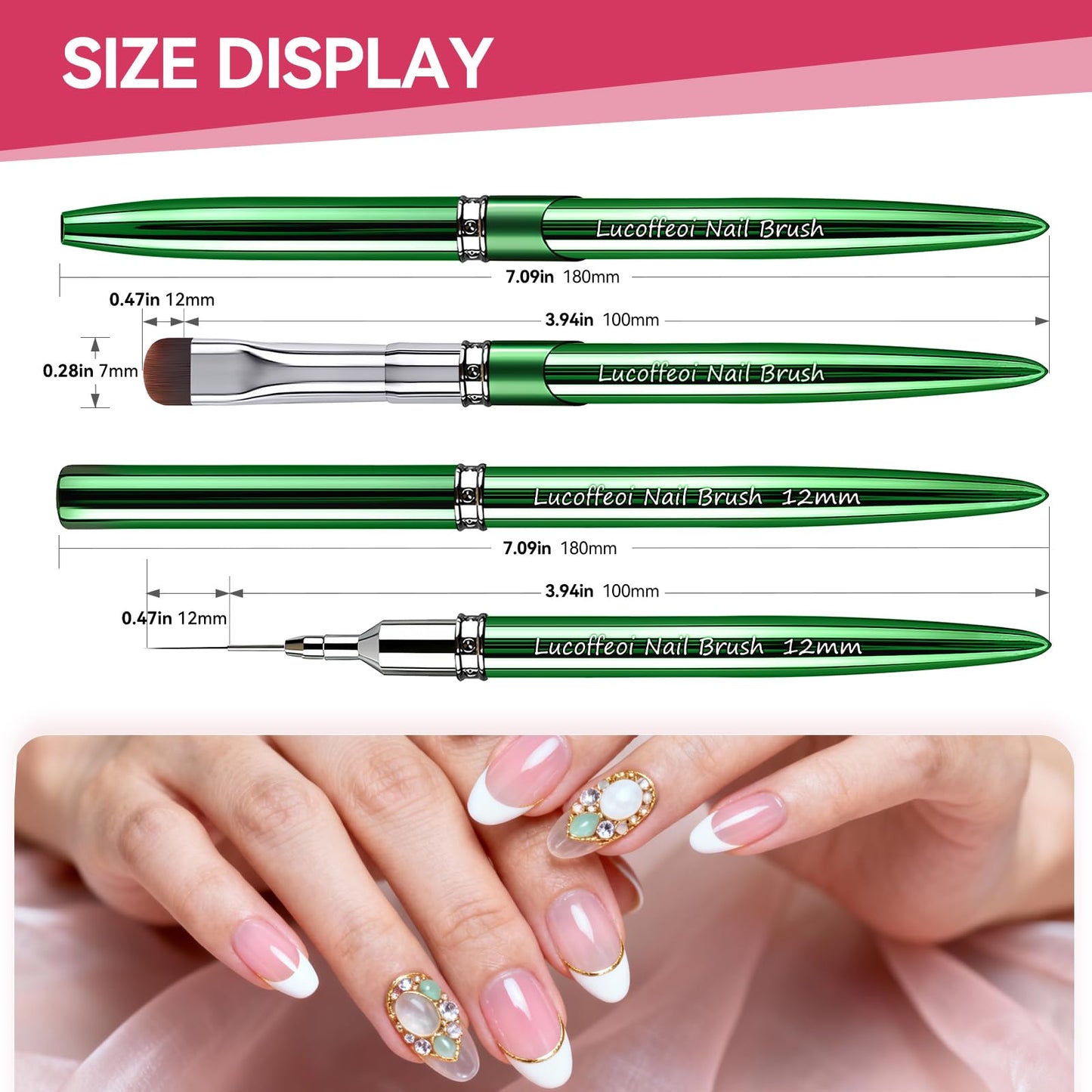 Nail Art Brushes Set 2-Piece: French Tip Brush and 12mm Liner Brush for Gel Clean Up, Smile Lines & Nail Design (Green)