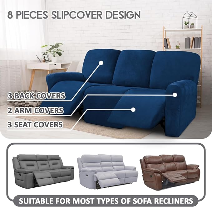 ULTICOR Velvet 8-Pieces Recliner Sofa Covers Stretch Reclining Couch Covers for 3 Cushion Reclining Sofa Slipcovers Furniture Covers Thick Soft Washable (3 Seater Recliner Cover, Navy)