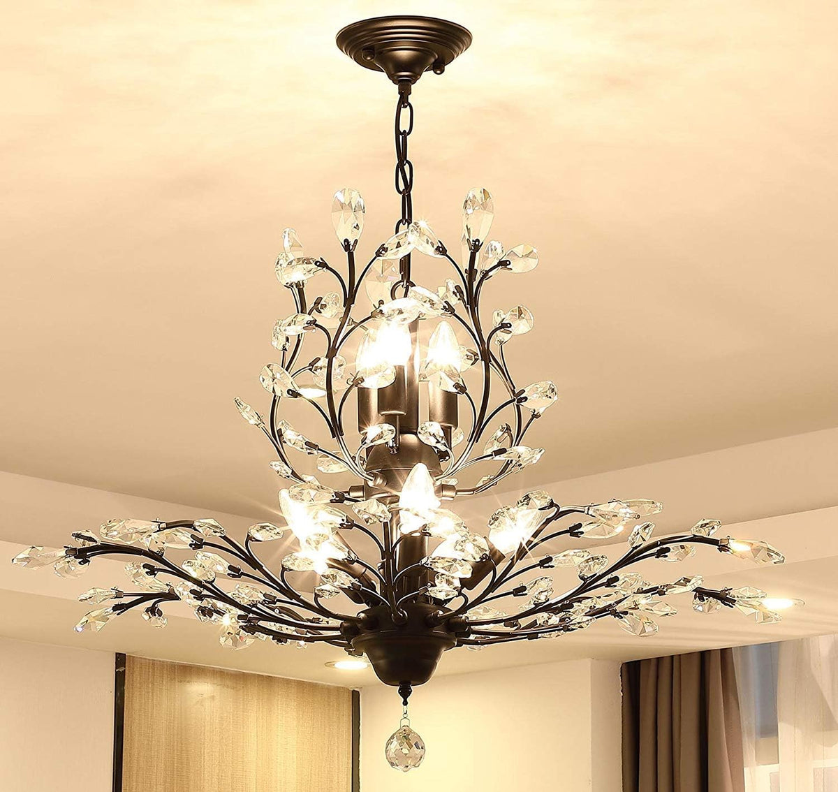Ganeed Crystal Chandeliers,Vintage 8 Lights Pendant Light,K9 Clear Crystal Chandelier Lighting Fixtures,Ceiling Light for Living Room Bedroom Restaurant Porch Hallway (Black)