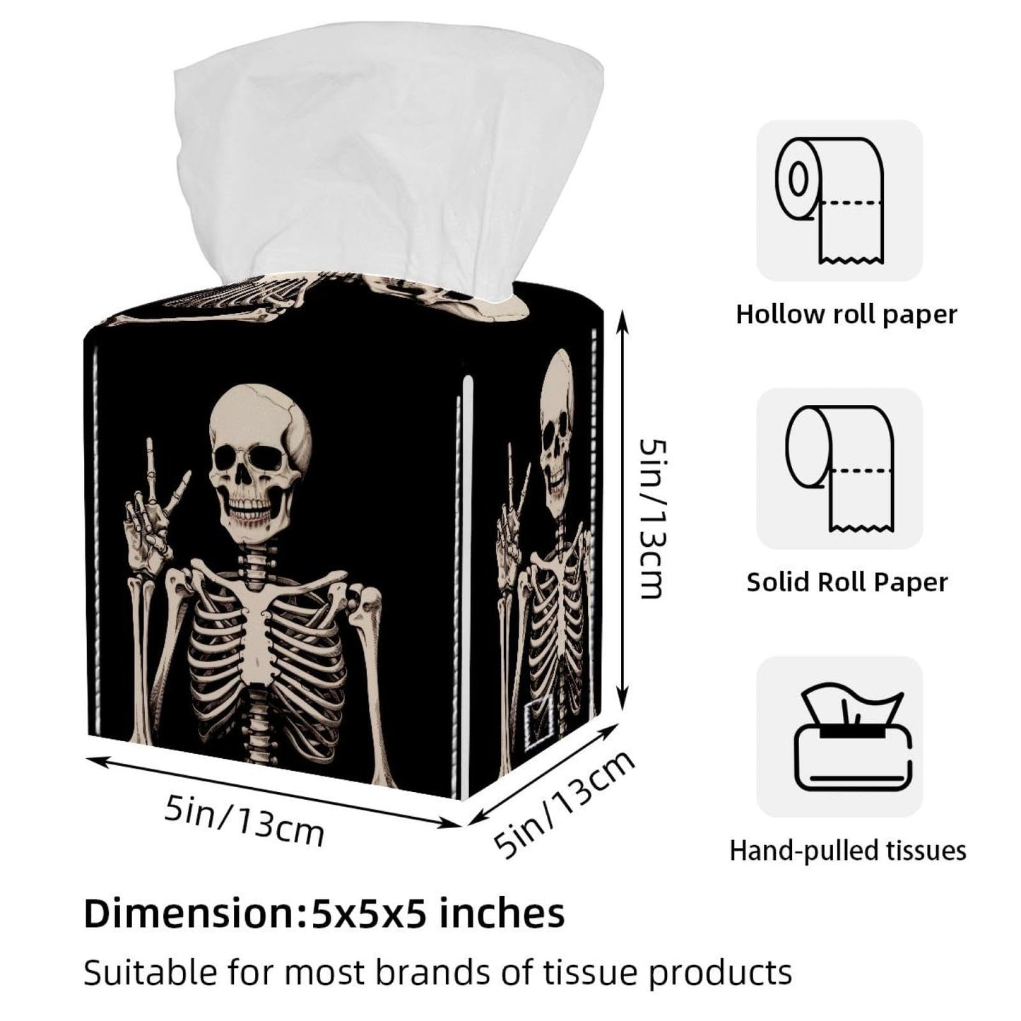 Human Skeleton Tissue Box Cover Square Tissue Box Holder Waterproof Leather Facial Paper Organizer Dispenser for Bathroom Home Car Nightstand Vanity Desk