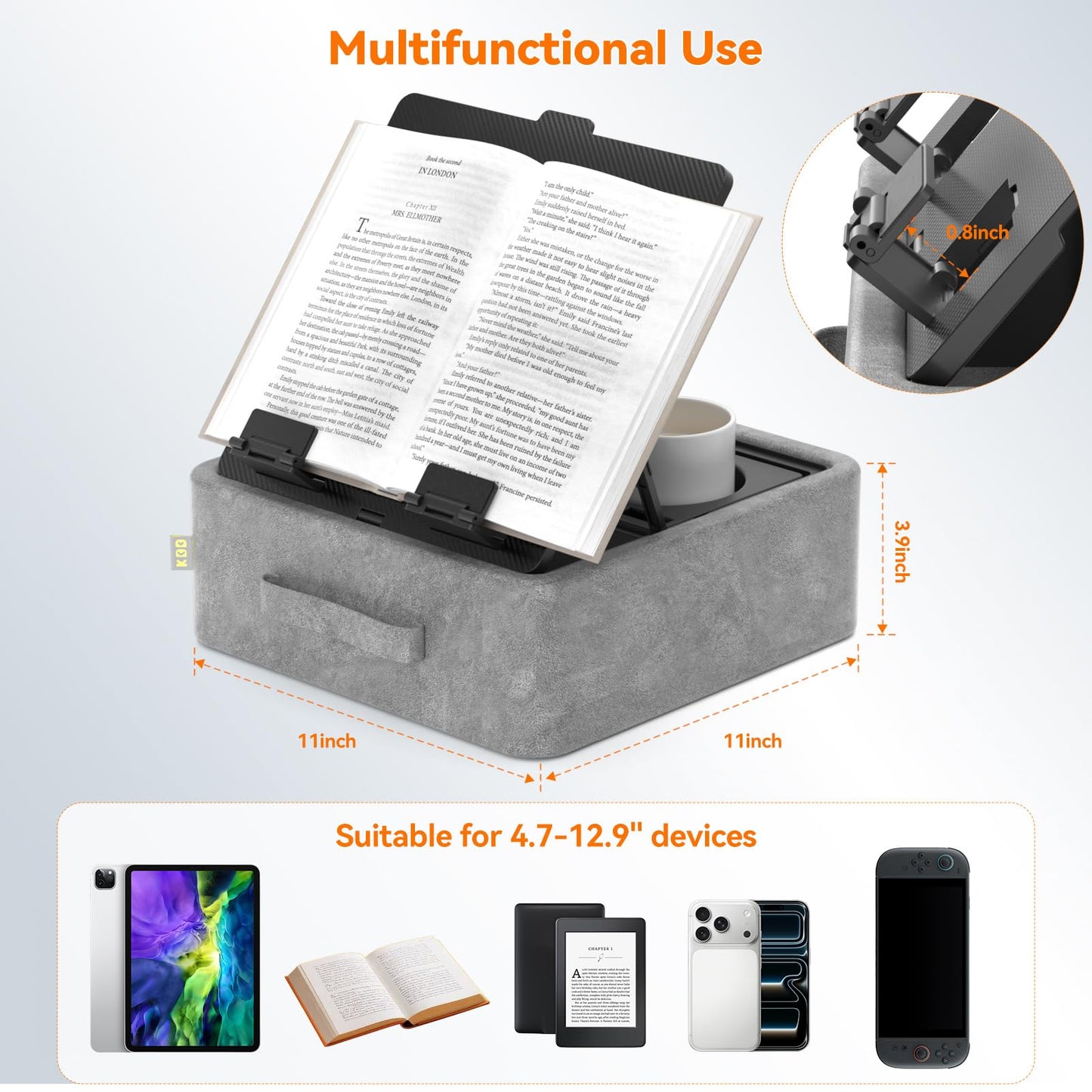 KDD 5 in 1 Tablet Pillow Holder, Foldable Book Stand for Reading with Storage Tray, Pen Slot and 2 Cup Holders, Adjustable iPad Stand for Lap, Bed, Desk and Couch Compatible with Tablet and Book