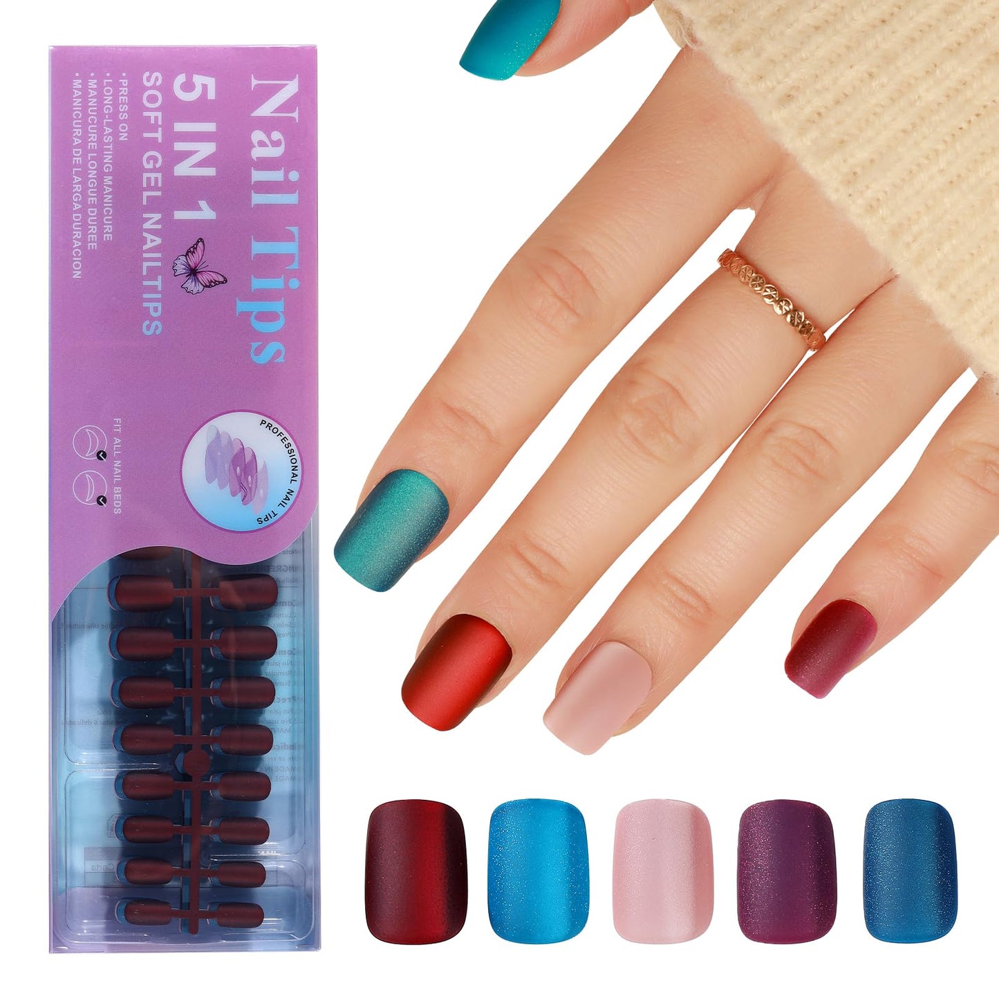Jellyqueen 150PCS Cat Eye Press On Nails, Matte Glitter Magnetic Fake Nails, Short Square Full Cover On Artificial Nails, Reusable Nails with 15 Sizes for Women and Girls(A18-04-06)